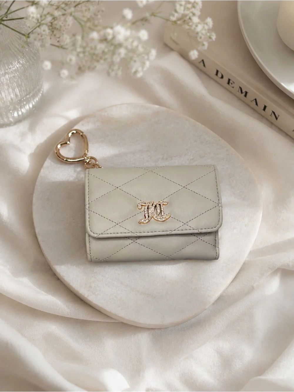 Juicy Couture Cream Quilted Wallet Heart Keychain Card Holder Coin Purse